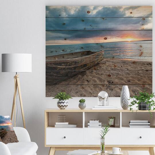 Designart - Rusty Row Boat on Sand at Sunset - Seascape Print on Natural Pine Wood